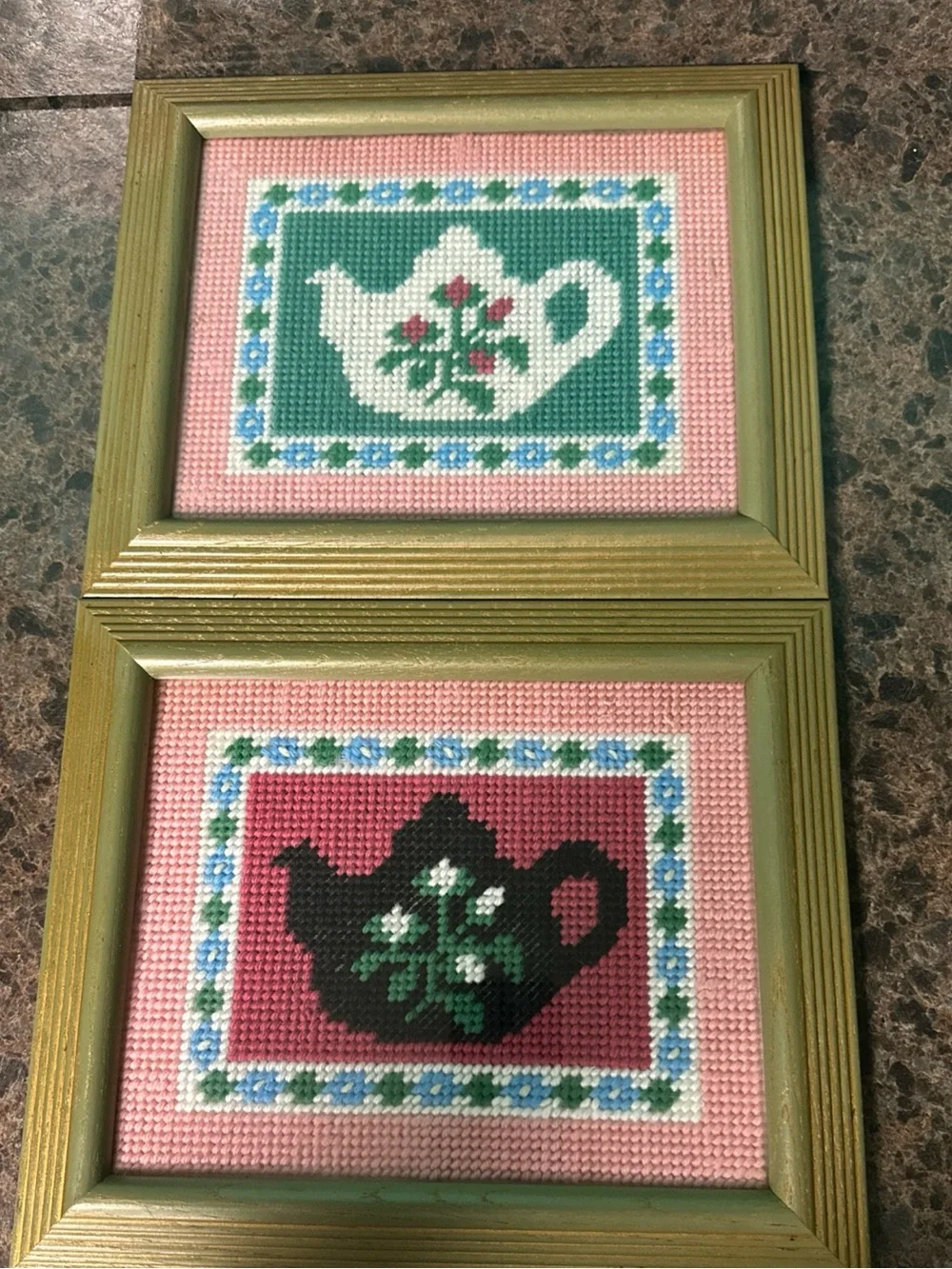 Vtg Framed Needlepoint Wall Art Set Teapot Coffeepot Pink Gold 10.25x12.25”